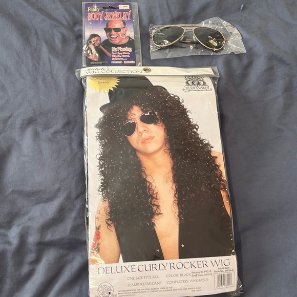 Other - Rocker Halloween wig, aviator sunglasses, & body jewelry. NWT